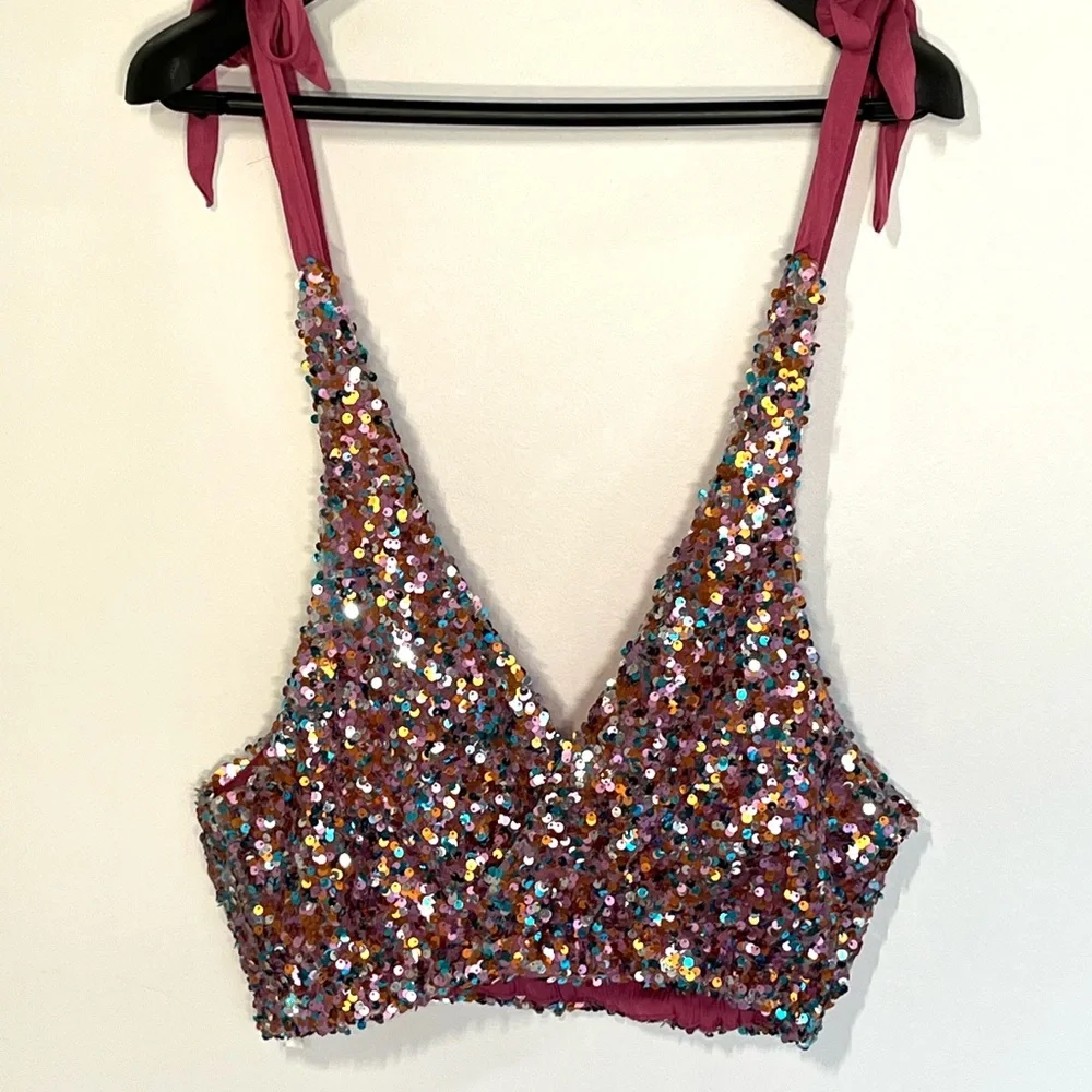 Intimately Free People Big Night Sequin Tie Shoulder Crop Top halter Sz Small - Picture 5 of 7